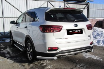 4 399 р. Защита заднего бампера Slitkoff (уголки, d57)  KIA Sorento  UM/Prime (2018-2020) рестайлинг (Сталь с полимерным покрытием. Цвет: серебристый)  с доставкой в г. Санкт‑Петербург. Увеличить фотографию 1