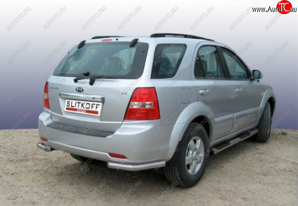 4 399 р. Защита заднего бампера Slitkoff (Ø 57 мм, уголки)  KIA Sorento  BL (2002-2006) дорестайлинг (Сталь с полимерным покрытием. Цвет: серебристый)  с доставкой в г. Санкт‑Петербург