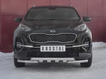 Защита переднего бампера (2 трубы Ø63 мм с клыками, нержавейка) Russtal KIA Sportage 4 QL рестайлинг (2018-2022)