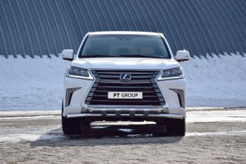 Защита переднего бампера двойная с пластинами из труб d63/63 мм Petroil Tuning Lexus LX 450d J200 (2015-2024)  (Нержавеющая полированная сталь)