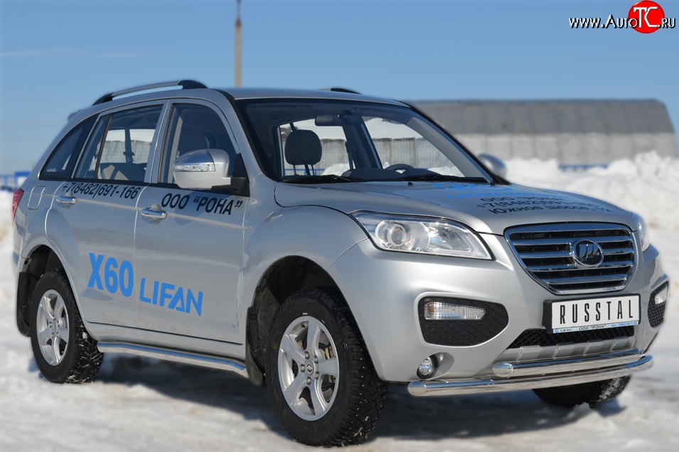 13 849 р. Защита порогов из круглой трубы диаметром 63 мм Russtal  Lifan X60 (2011-2016) дорестайлинг, 1-ый рестайлинг (Защита порогов с со скосами на торцах (вариант 1))  с доставкой в г. Санкт‑Петербург