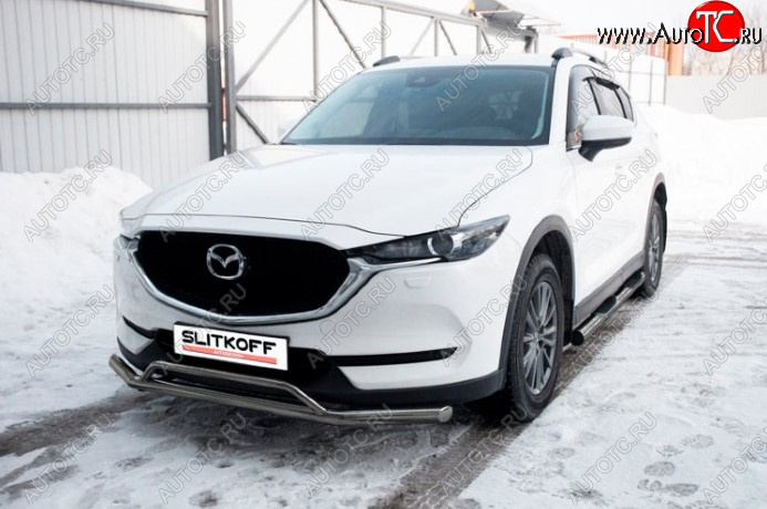 9 199 р. Защита переднего бампера Slitkoff (Ø 57+Ø 32, двойная). Mazda CX-5 KF (2016-2024) (Сталь с полимерным покрытием. Цвет: серебристый)  с доставкой в г. Санкт‑Петербург