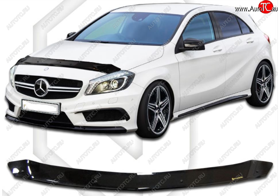 2 699 р. Дефлектор капота CA Plastic  Mercedes-Benz A class  W176 (2012-2015) (Classic черный, Без надписи)  с доставкой в г. Санкт‑Петербург