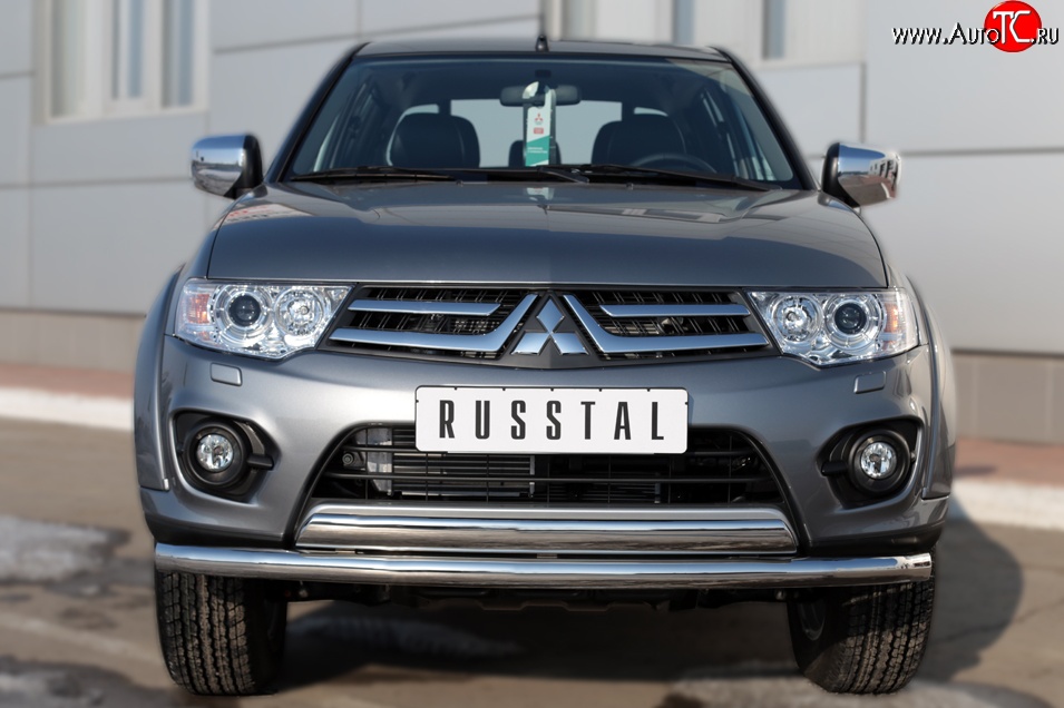 22 949 р. Защита переднего бампера (2 трубы Ø63 и 75х42 мм, нержавейка) Russtal Mitsubishi L200 5 KK,KL дорестайлинг (2015-2019)  с доставкой в г. Санкт‑Петербург