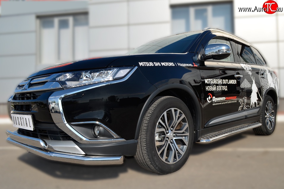 22 949 р. Защита переднего бампера (2 трубыØ75х42 и 63 мм, нержавейка) Russtal Mitsubishi Outlander GF 2-ой рестайлинг (2015-2018)  с доставкой в г. Санкт‑Петербург