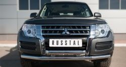 17 749 р. Защита переднего бампера (2 трубыØ63 мм, нержавейка) Russtal Mitsubishi Pajero 4 V90 2-ой рестайлинг (2014-2020)  с доставкой в г. Санкт‑Петербург. Увеличить фотографию 1