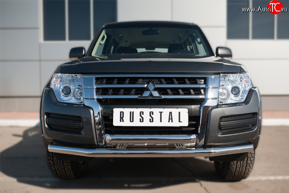 17 749 р. Защита переднего бампера (2 трубыØ63 мм, нержавейка) Russtal Mitsubishi Pajero 4 V90 2-ой рестайлинг (2014-2020)  с доставкой в г. Санкт‑Петербург