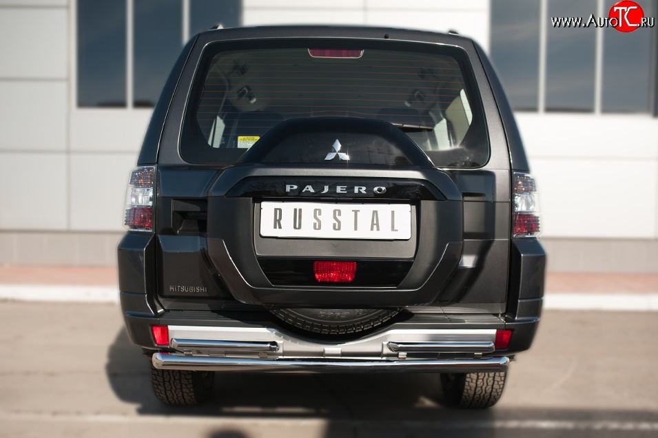 20 849 р. Защита заднего бампера (Ø63 и 42 мм, нержавейка) Russtal Mitsubishi Pajero 4 V90 2-ой рестайлинг (2014-2020)  с доставкой в г. Санкт‑Петербург