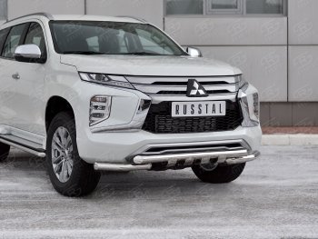 Защита переднего бампера Russtal (Ø63 мм с уголками, нержавейка) Mitsubishi Pajero Sport 3 QF рестайлинг (2019-2022)