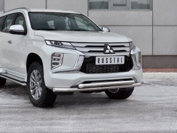 Защита переднего бампера (2 трубы Ø63 и 42 мм, нержавейка) SLITKOFF Mitsubishi (Митсубиси) Pajero Sport (Паджеро)  QF (2019-2022) QF рестайлинг