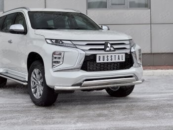 Защита переднего бампера (2 трубы Ø63 и 75х42 мм, нержавейка) Russtal Mitsubishi Pajero Sport 3 QF рестайлинг (2019-2022)