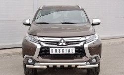 Защита переднего бампера (2 трубы Ø63 мм с зубами, нержавейка) Russtal Mitsubishi Pajero Sport 3 QE дорестайлинг (2015-2021)