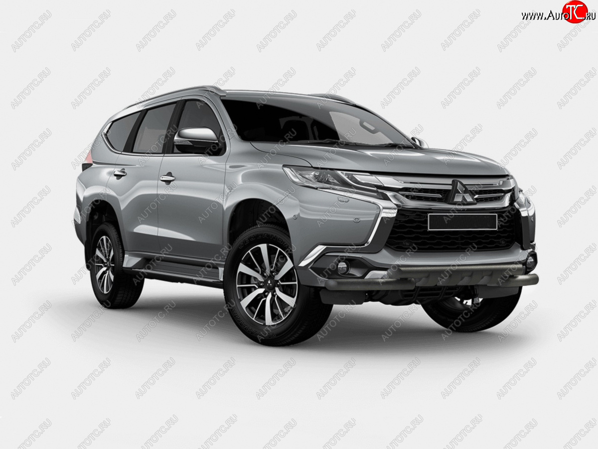 15 199 р. Защита переднего бампера (Ø63 мм с клыками, окрашенная) Russtal Mitsubishi Pajero Sport QE дорестайлинг (2015-2021) (цвет черный муар)  с доставкой в г. Санкт‑Петербург