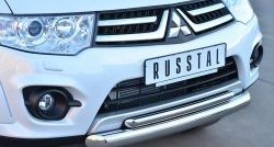 18 799 р. Защита переднего бампера (2 трубыØ76 и 42 мм, нержавейка) Russtal Mitsubishi Pajero Sport PB рестайлинг (2013-2017)  с доставкой в г. Санкт‑Петербург. Увеличить фотографию 2