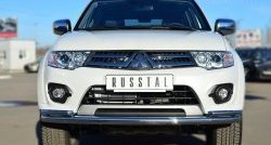 15 649 р. Защита переднего бампера (2 трубыØ63 и 42 мм, нержавейка) Russtal Mitsubishi Pajero Sport PB рестайлинг (2013-2017)  с доставкой в г. Санкт‑Петербург. Увеличить фотографию 1