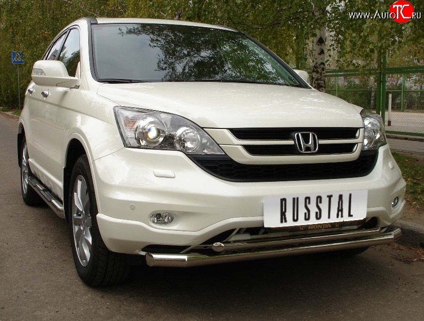 14 999 р. Защита переднего бампера (2 трубыØ63 и 42 мм, нержавейка) Russtal Honda CR-V RE1,RE2,RE3,RE4,RE5,RE7 рестайлинг (2009-2012) (Объём двигателя 2.0 л)  с доставкой в г. Санкт‑Петербург