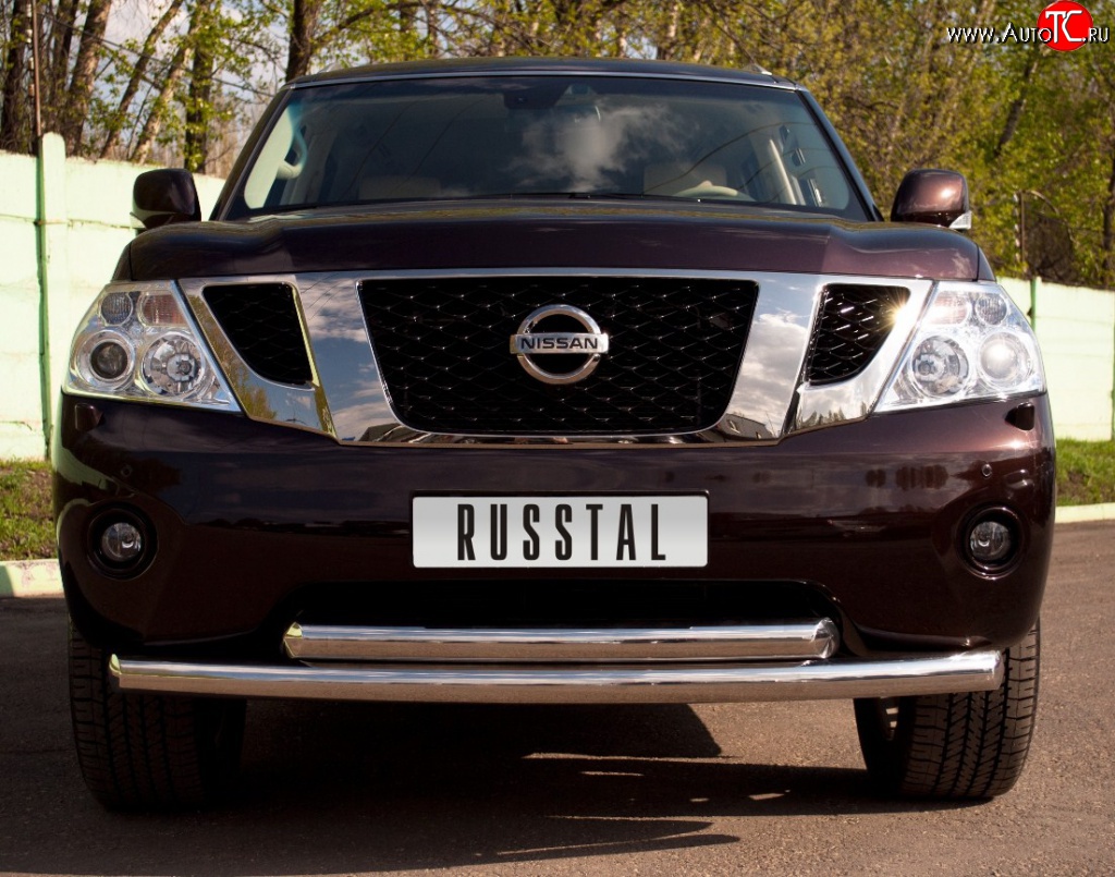 15 999 р. Защита переднего бампера (2 трубыØ76 мм, нержавейка) Russtal  Nissan Patrol  6 (2010-2014) Y62 дорестайлинг  с доставкой в г. Санкт‑Петербург