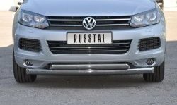 12 699 р. Защита переднего бампера (2 трубыØ76 и 63 мм, нержавейка) Russtal Volkswagen Touareg NF дорестайлинг (2010-2014)  с доставкой в г. Санкт‑Петербург. Увеличить фотографию 1