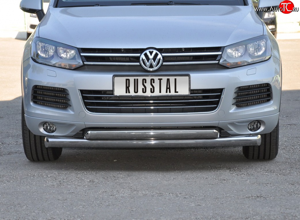 12 699 р. Защита переднего бампера (2 трубыØ76 и 63 мм, нержавейка) Russtal Volkswagen Touareg NF дорестайлинг (2010-2014)  с доставкой в г. Санкт‑Петербург