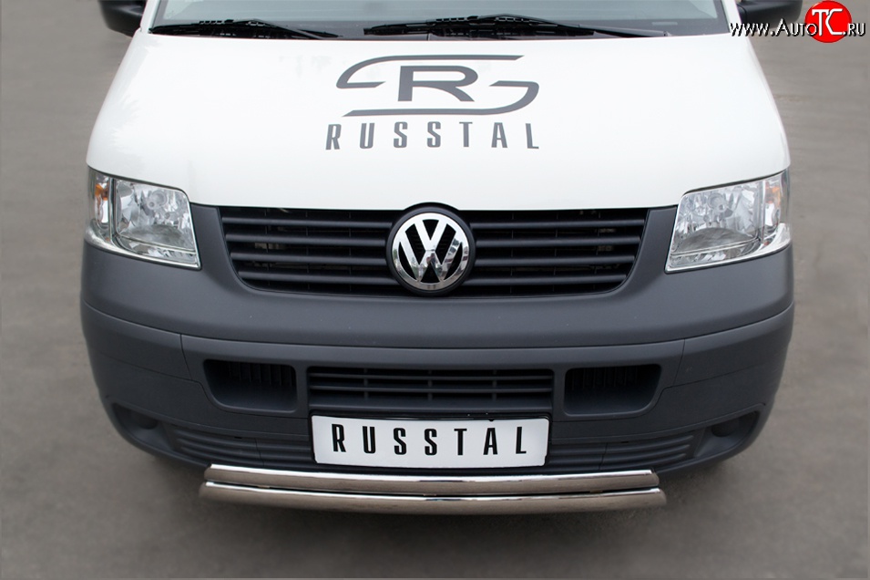 22 299 р. Защита переднего бампера (2 трубыØ75х42 мм, нержавейка) Russtal Volkswagen Transporter T5 дорестайлинг (2003-2009)  с доставкой в г. Санкт‑Петербург