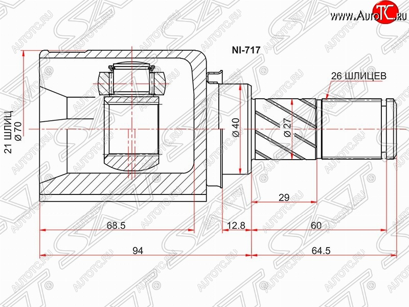 2 899 р. Шрус (внутренний/правый) SAT (21*26*40 мм) Nissan Note 1 E11 дорестайлинг (2004-2008)  с доставкой в г. Санкт‑Петербург