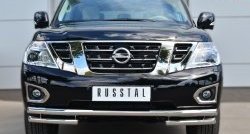 9 999 р. Защита переднего бампера (Ø63 мм с углами, нержавейка) Russtal Nissan Patrol 6 Y62 дорестайлинг (2010-2014)  с доставкой в г. Санкт‑Петербург. Увеличить фотографию 1