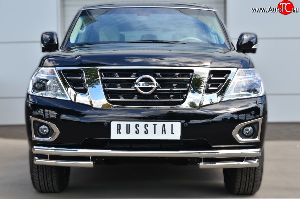 9 999 р. Защита переднего бампера (Ø63 мм с углами, нержавейка) Russtal Nissan Patrol 6 Y62 дорестайлинг (2010-2014)  с доставкой в г. Санкт‑Петербург