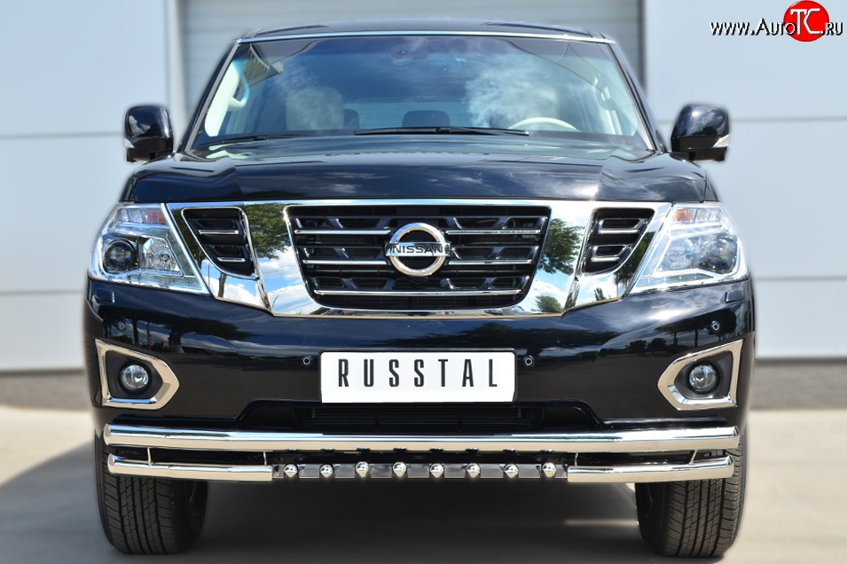 22 949 р. Защита переднего бампера (Ø63 мм с зубами, нержавейка) Russtal Nissan Patrol 6 Y62 рестайлинг (2014-2017)  с доставкой в г. Санкт‑Петербург