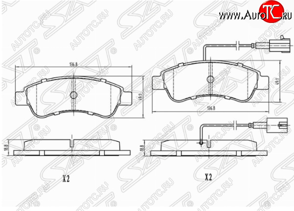 1 049 р. Комплект задних тормозных колодок SAT (с датчиком износа) Peugeot Boxer 250 (2006-2014)  с доставкой в г. Санкт‑Петербург