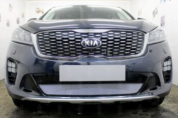 3 199 р. Защитная сетка в бампер (низ, ячейка 3х7 мм) Alfeco Стандарт  KIA Sorento  UM/Prime (2018-2020) (Хром)  с доставкой в г. Санкт‑Петербург. Увеличить фотографию 1