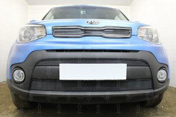 4 649 р. Защитная сетка в бампер (2 части, ячейка 3х7 мм) Alfeco Стандарт KIA Soul PS рестайлинг (2017-2019) (Чёрная)  с доставкой в г. Санкт‑Петербург. Увеличить фотографию 1