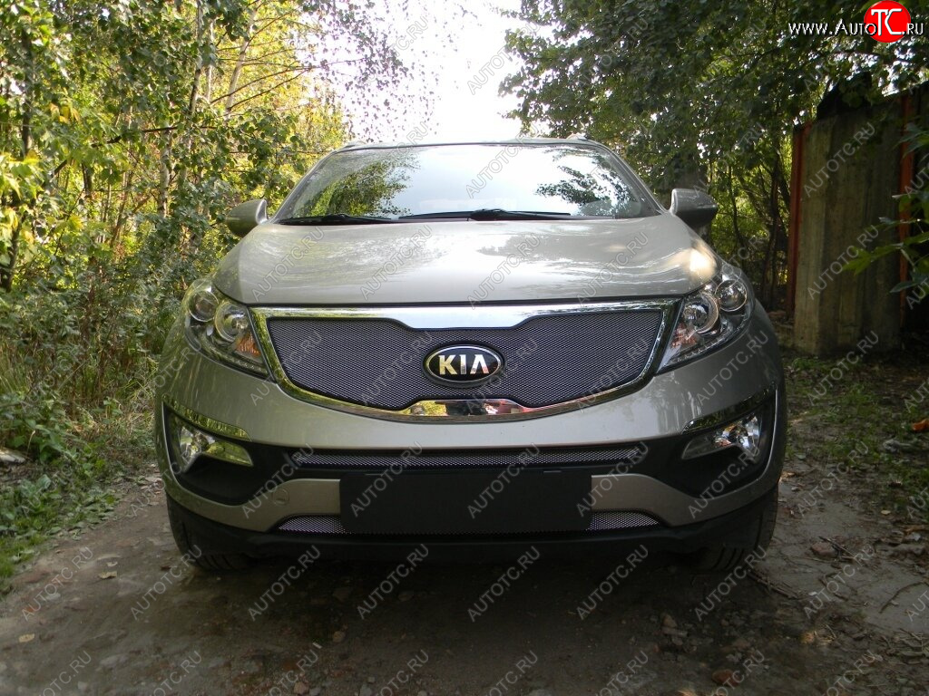 3 589 р. Защитная сетка в бампер (верх, ячейка 3х7 мм) Alfeco Стандарт  KIA Sportage  3 SL (2010-2014) (Хром)  с доставкой в г. Санкт‑Петербург