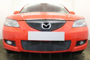 Защитная сетка в бампер (верх, ячейка 3х7 мм) Alfeco Стандарт Mazda 3/Axela BK рестайлинг седан (2006-2009)  (Чёрная)