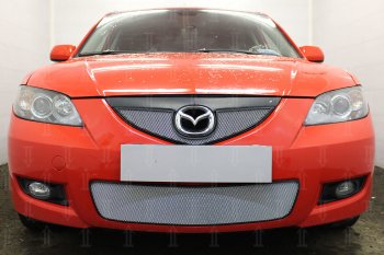 Защитная сетка в бампер (верх, ячейка 3х7 мм) Alfeco Стандарт Mazda 3/Axela BK рестайлинг седан (2006-2009)  (Хром)