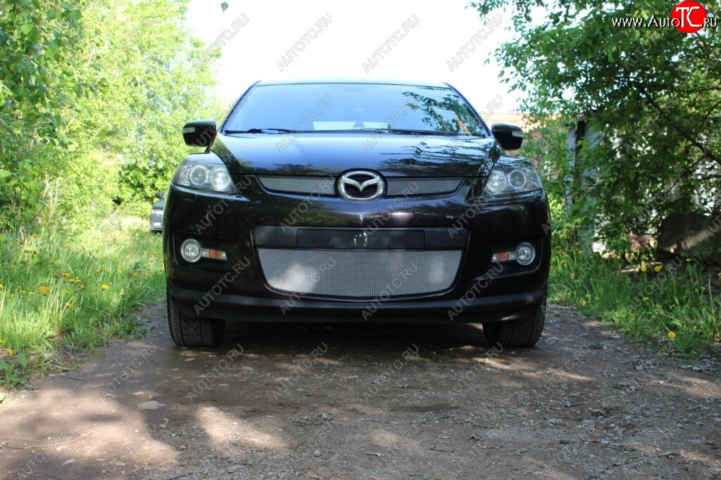 3 399 р. Защитная сетка в бампер (низ, ячейка 3х7 мм) Alfeco Стандарт  Mazda CX-7  ER (2006-2010) (Хром)  с доставкой в г. Санкт‑Петербург