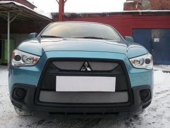 Защитная сетка в бампер (верх, 2 части, ячейка 3х7 мм) Alfeco Стандарт Mitsubishi (Митсубиси) ASX (АСХ) (2010-2012) дорестайлинг  (Хром)