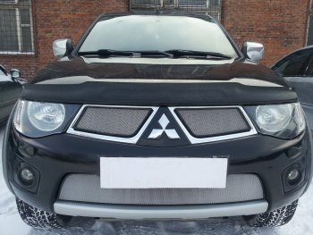 Защитная сетка в бампер (низ, ячейка 3х7 мм) Alfeco Стандарт Mitsubishi Pajero Sport 2 PB дорестайлинг (2008-2013)  (Хром)