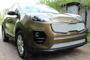 5 649 р. Защитная сетка в бампер (верх, ячейка 4х10 мм) Alfeco Премиум KIA Sportage 4 QL дорестайлинг (2016-2018) (Хром)  с доставкой в г. Санкт‑Петербург. Увеличить фотографию 2