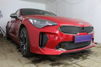 5 999 р. Защитная сетка в бампер (верх, ячейка 4х10 мм) Alfeco Премиум KIA Stinger (2017-2024) (Чёрная)  с доставкой в г. Санкт‑Петербург. Увеличить фотографию 1