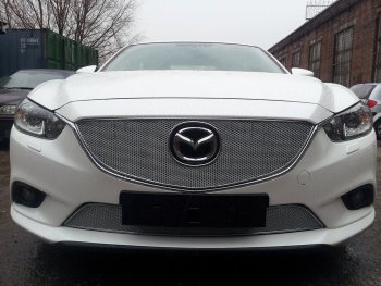 4 949 р. Защитная сетка в бампер (низ, ячейка 4х10 мм) Alfeco Премиум  Mazda 6  GJ (2012-2015) (Хром)  с доставкой в г. Санкт‑Петербург. Увеличить фотографию 1