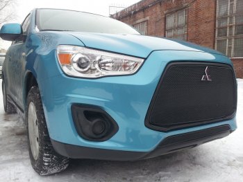 3 679 р. Защитная сетка в бампер (низ, ячейка 4х10 мм) Alfeco Премиум Mitsubishi ASX 1-ый рестайлинг (2013-2016) (Чёрная)  с доставкой в г. Санкт‑Петербург. Увеличить фотографию 1