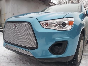 4 299 р. Защитная сетка в бампер (низ, ячейка 4х10 мм) Alfeco Премиум Mitsubishi ASX 1-ый рестайлинг (2013-2016) (Хром)  с доставкой в г. Санкт‑Петербург. Увеличить фотографию 2