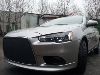 5 999 р. Защитная сетка в бампер (ячейка 3х7 мм) Alfeco Стандарт Mitsubishi Lancer 10 седан рестайлинг (2011-2017) (Чёрная)  с доставкой в г. Санкт‑Петербург. Увеличить фотографию 3