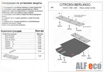 13 199 р. Защита картера двигателя и КПП (кроме 2,0 HDI) ALFECO  CITROEN Berlingo  M49 (1996-2003) дорестайлинг (Алюминий 4 мм)  с доставкой в г. Санкт‑Петербург. Увеличить фотографию 1