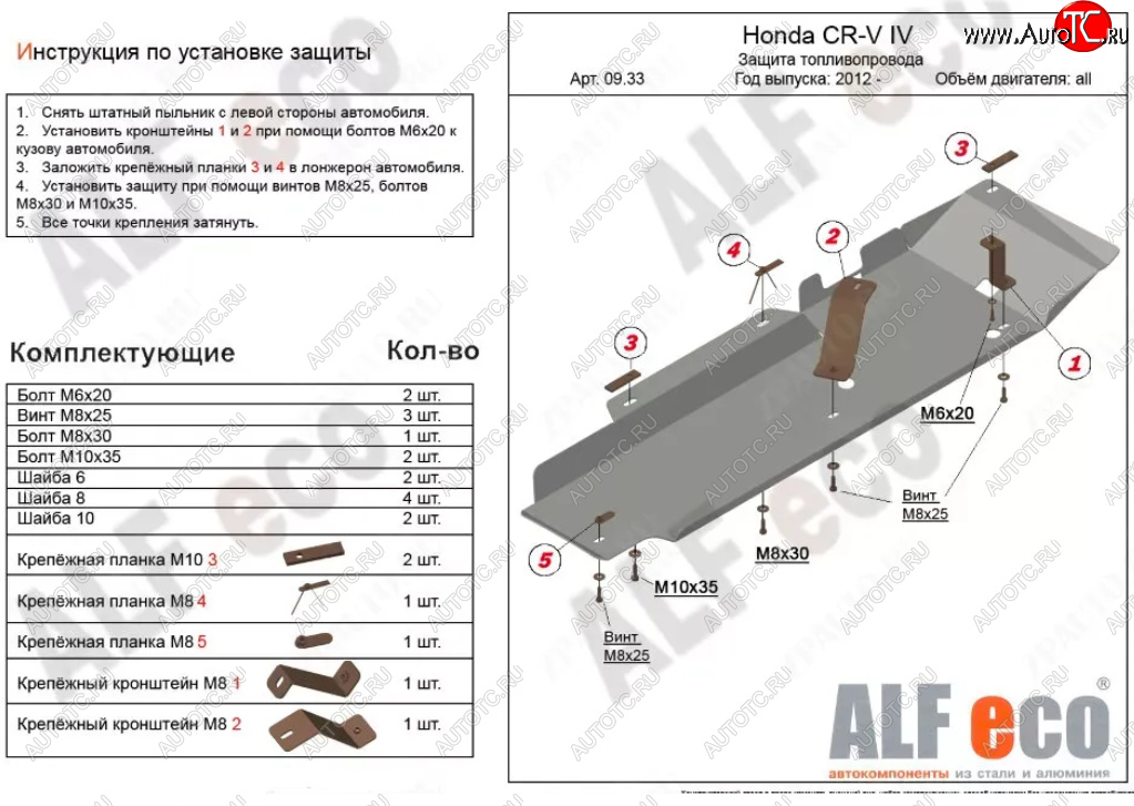 15 899 р. Защита топливопровода Alfeco  Honda CR-V  RM1,RM3,RM4 (2012-2018) дорестайлинг, рестайлинг (Алюминий 4 мм)  с доставкой в г. Санкт‑Петербург