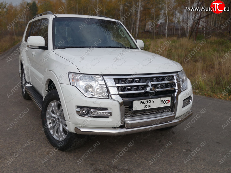 25 599 р. Защита передняя нижняя двойная 76,1*75 мм ТСС Тюнинг  Mitsubishi Pajero  4 V90 (2014-2020) (нержавейка)  с доставкой в г. Санкт‑Петербург