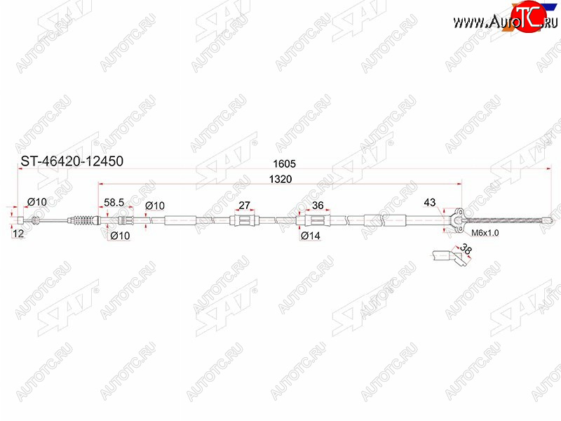 1 899 р. Трос ручника RH (ATM) SAT Toyota Corolla E100 седан (1991-2002)  с доставкой в г. Санкт‑Петербург