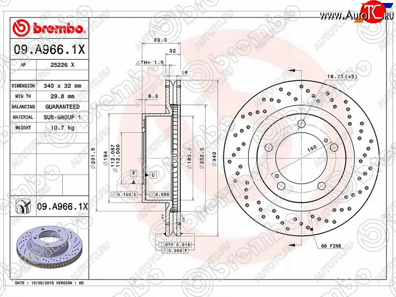 13 849 р. Тормозной передний диск (Ø340) BREMBO   Lexus LX570  J200 (2007-2015), Toyota Land Cruiser  200 (2007-2015)  с доставкой в г. Санкт‑Петербург