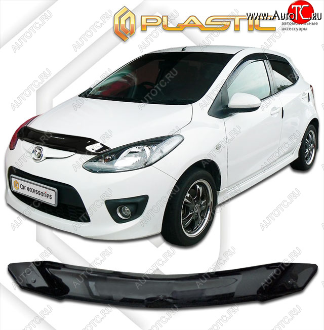 1 689 р. Дефлектор капота CA-Plastic  Mazda 2/Demio  DE (2007-2014) дорестайлинг, рестайлинг (Classic черный, с надписью)  с доставкой в г. Санкт‑Петербург