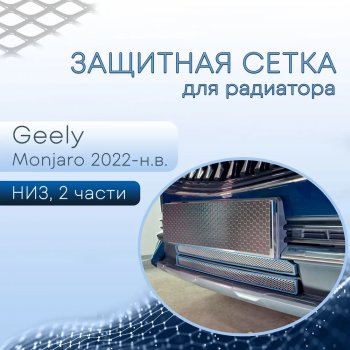 3 699 р. Защитная сетка в бампер (низ, 2 части, ячейка 3х7 мм) Alfeco Стандарт  Geely Monjaro (2022-2024) (Хром)  с доставкой в г. Санкт‑Петербург. Увеличить фотографию 1